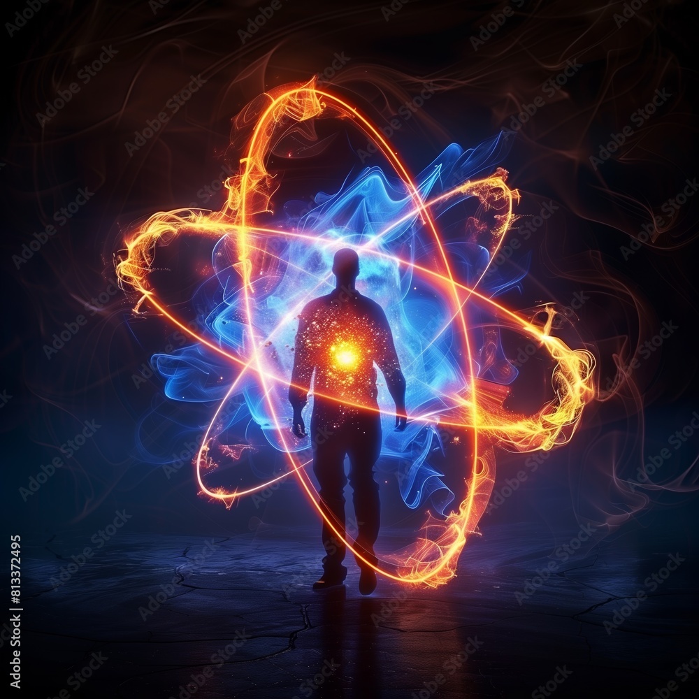Fototapeta premium Man surrounded by energy that moves like the particles of the atom.