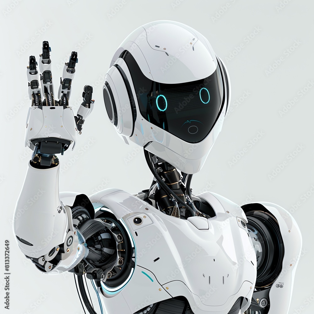 A friendly robot in a medium shot, waving hand cheerfully, direct gaze into the camera, against a uniform light gray background. A friendly robot in a medium shot, waving hand cheerfully, direct gaze into the camera, against a uniform light gray background.