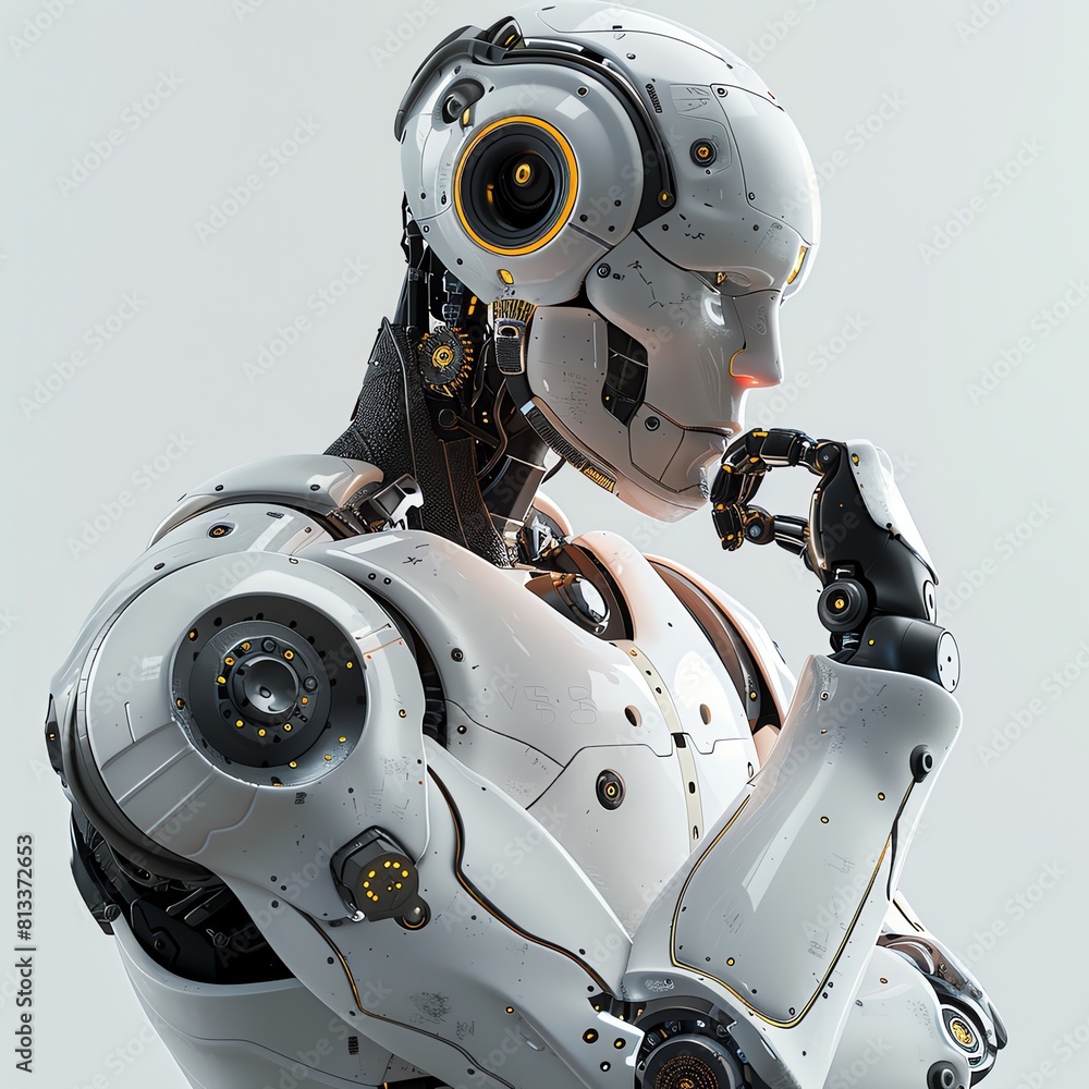 A friendly robot in a thinker's pose, hand on chin, looking curiously at the camera, in a medium shot portrait with a light gray background. A friendly robot in a thinker's pose, hand on chin, looking curiously at the camera, in a medium shot portrait with a light gray background.