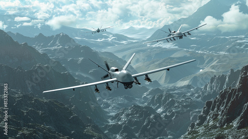 A digital rendering of military drones conducting reconnaissance missions over rugged mountain terrain, demonstrating the use of unmanned aerial vehicles for surveillance and intelligence gathering.