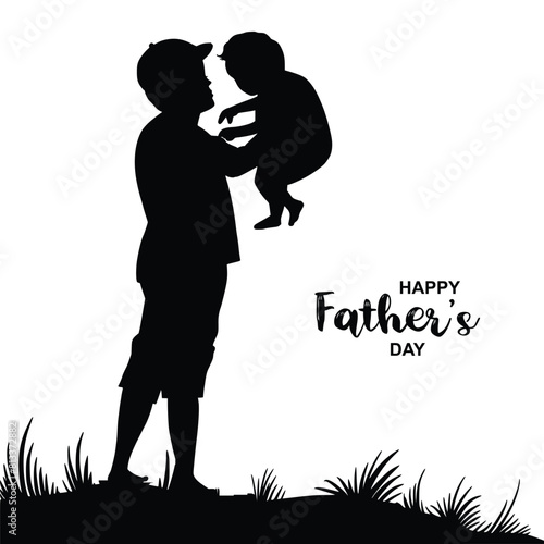 Happy father's day with dad and children silhouettes on white background