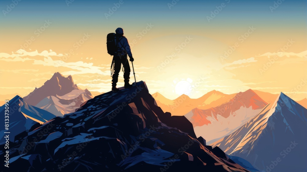Hiker Climber At Mountain Top Summit Black Silhouette Logo - Generative AI