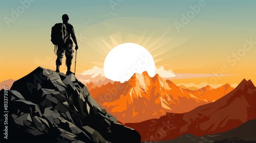 Hiker Climber At Mountain Top Summit Black Silhouette - Generative AI
