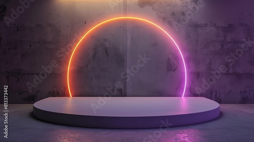 Beautiful minimalist background with gray podium, textured wall and neon lights for product presentation   © Chaynam