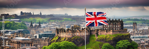 the flag of Great Britain on the background of the city of Edinburgh. Fringe Arts Festival in Edinburgh