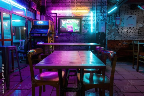 3d rendered. a table in the center of an empty room illuminated with neon lights red and blue