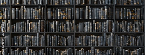 A wall of black bookshelves filled with books providing the perfect escape for literary enthusiasts. 8K.