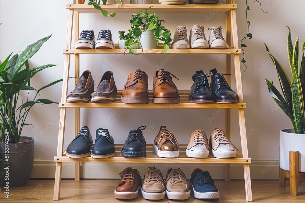 custom made wallpaper toronto digitalAssorted shoes on a wooden shoe rack in a home setting. Organization and interior design concept.