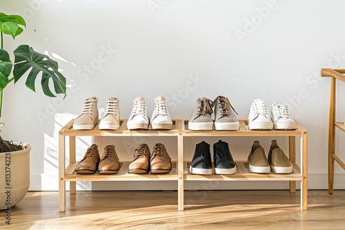 Assorted shoes on a wooden shoe rack in a home setting. Organization and interior design concept.