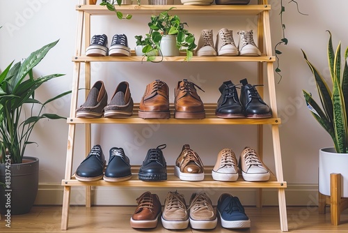 Assorted shoes on a wooden shoe rack in a home setting. Organization and interior design concept.