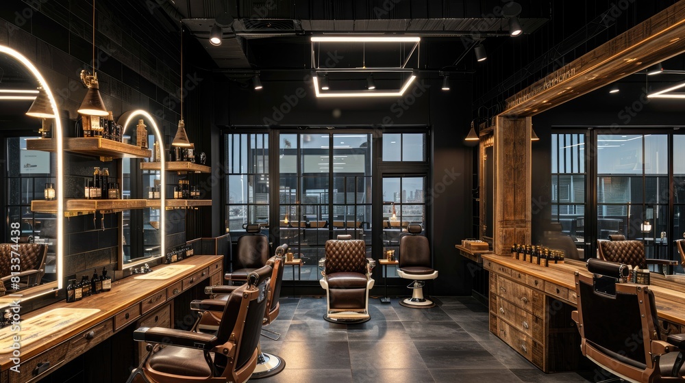 An interior view of a elegant and luxury barbershop, beauty saloon, beauty parlor, massage center illuminated with modern lights