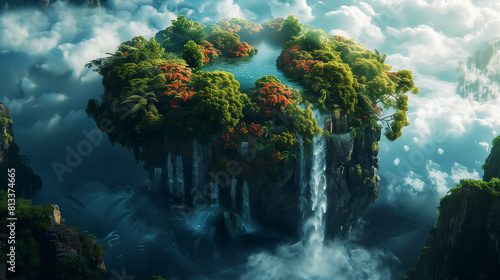 fantasy world  3D landscape with tropical island floating in air. Wall Art Design for Home Decor  4K Wallpaper and Background for desktop  laptop  Computer  Tablet  Mobile Cell Phone  Smartphone