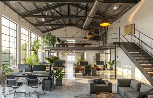 Bright and Clean Industrial Style Office Interior Open Space with Lots of White Table Desks and Chairs  Large Windows  High Empty Ceilings  a Concrete Floor.