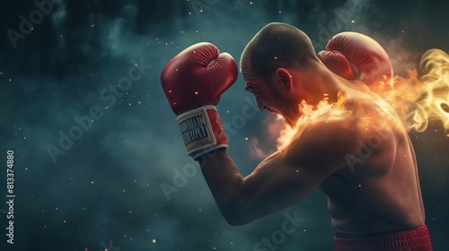 Split-second moment as one matchstick boxer dodges a punch, flames trailing behind their movement photo