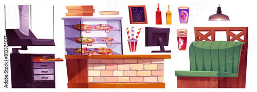 Pizza restaurant design elements set isolated on white background. Vector cartoon illustration of oven, Italian fast food on glass display, cash desk counter, paper cups and boxes for delivery service