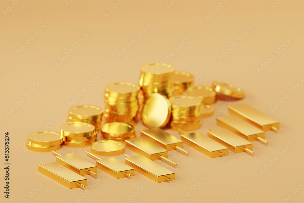 3D rendering golden chart and gold coin, intricately integrated into the scene, signifies financial abundance and successful investments. 3D rendering golden chart and gold coin, intricately integrated into the scene, signifies financial abundance and successful investments.