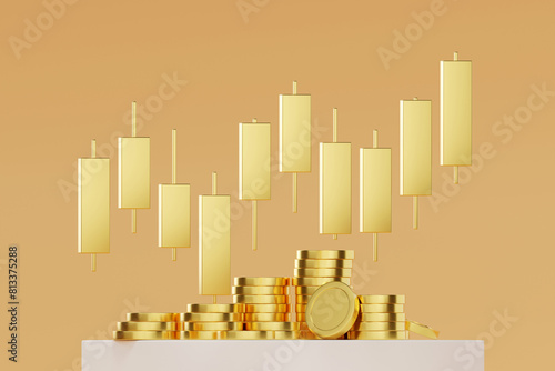3D rendering golden chart, white podium and gold coin, intricately integrated into the scene, signifies financial abundance and successful investments.