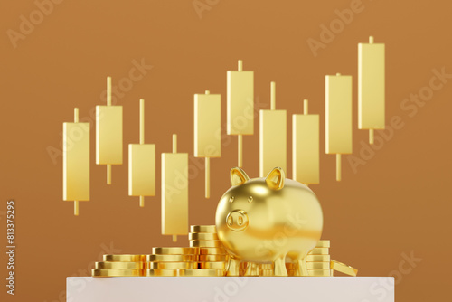 Stack of golden coins with piggy bank signifies financial abundance and successful investments.