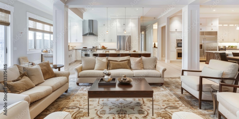 Fototapeta premium Modern Living Room Interior Design, Stylish furniture, plants, bookstand and wooden desk. Abstract painting on the wall. Nice apartment. Modern decor of bright room