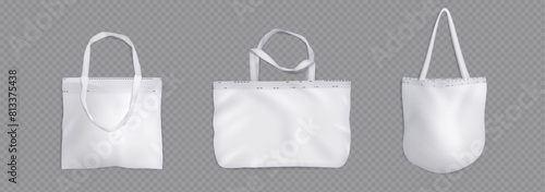 Tote bag of different shape and handle length mockup. Realistic 3d vector illustration set of white cloth canvas eco shopper. Blank fabric cotton or linen reusable shopping grocery handbag template.