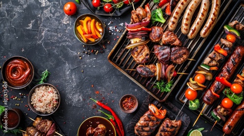 A delicious assortment of barbecue foods including shish kebab, sausages, and grilled meat fillets at a festive BBQ party.