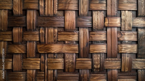 Close-up of a wicker basket texture  showcasing the detailed interwoven wooden mat pattern.  