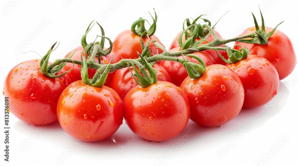 A bunch of fresh, vibrant red tomatoes with crisp green stems, neatly isolated against a pure white background A bunch of fresh, vibrant red tomatoes with crisp green stems, neatly isolated against a pure white background