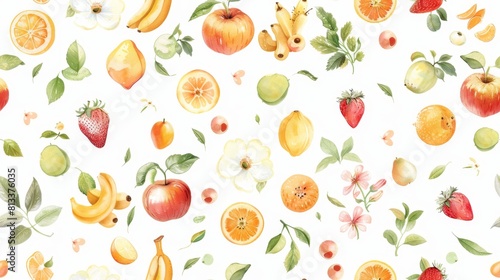 watercolor seamless pattern of apple banana and orange fruit. photo
