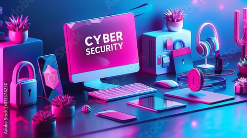 An array of neon-lit devices emphasizing cyber security, featuring a computer screen with the words 'CYBER SECURITY' in bold letters surrounded by protective symbols photo