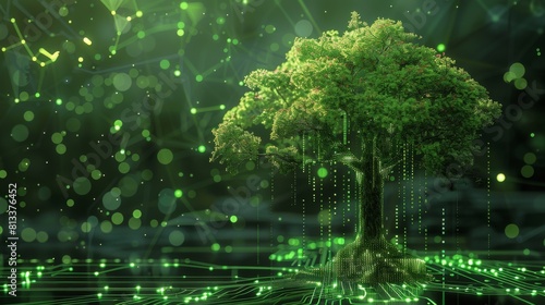 A vibrant digital tree with glowing leaves and network lines on a dark background, symbolizing technology and nature