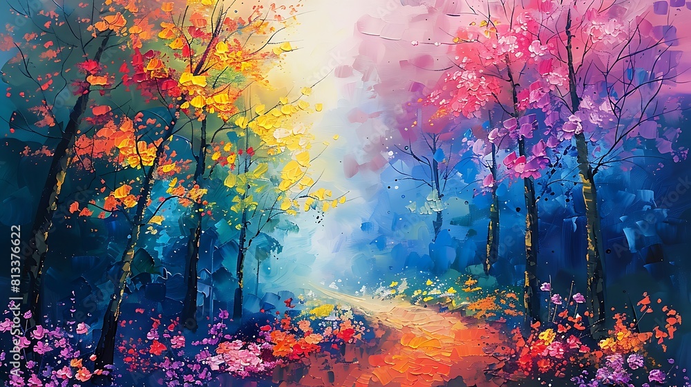  Colorful acrylic painting depicting a lush, blooming forest in spring