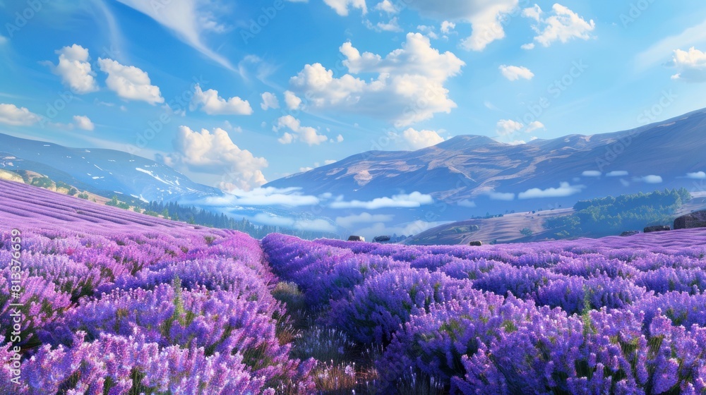 A lush lavender field under the bright summer sun, displaying rows of vibrant purple blooms against a natural backdrop A lush lavender field under the bright summer sun, displaying rows of vibrant purple blooms against a natural backdrop
