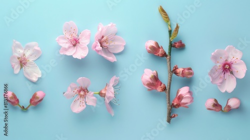 A delicate set of pink cherry blossoms arranged against a soft light blue background, perfect for spring-themed designs.

