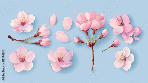 A delicate set of pink cherry blossoms arranged against a soft light blue background, perfect for spring-themed designs.

