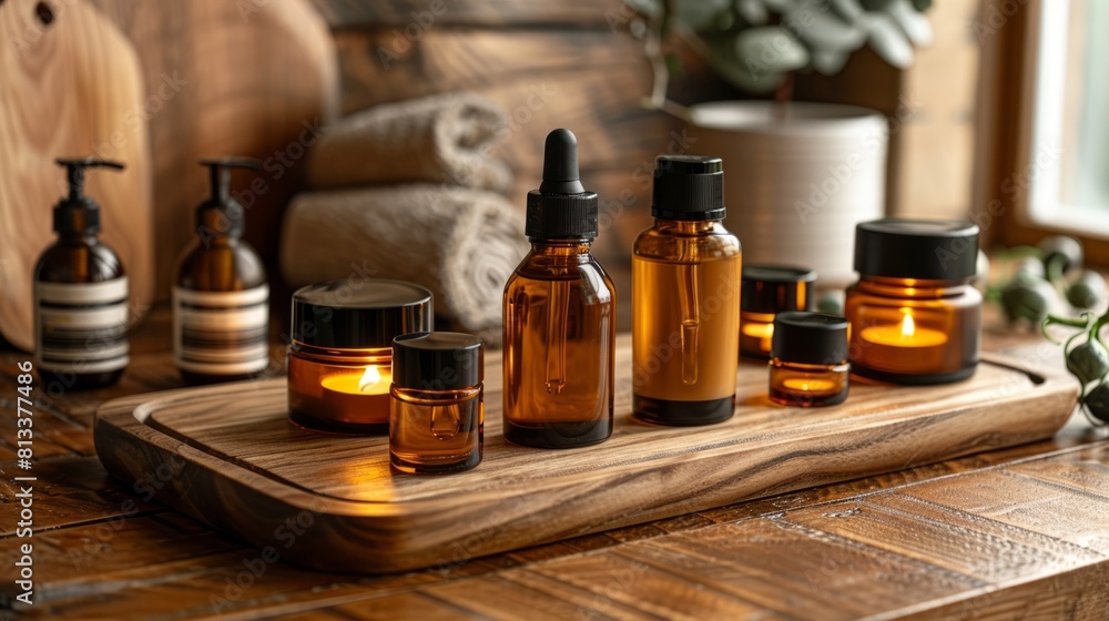Natural organic aroma oil and and skincare product in amber glass bottles with burning candles on wooden table. Wellness, spa, aromatherapy and beauty concept. Natural organic aroma oil and and skincare product in amber glass bottles with burning candles on wooden table. Wellness, spa, aromatherapy and beauty concept.