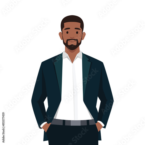 Businessman standing with hands in pockets. Flat vector illustration isolated on white background