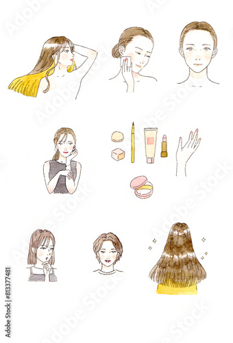 アナログ透明水彩イラスト　女性の美容やヘアケアのイラストレーションセット