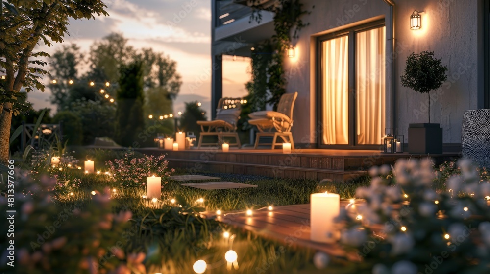 An inviting suburban home's patio, adorned with string lights, offers a cozy retreat on a summer evening An inviting suburban home's patio, adorned with string lights, offers a cozy retreat on a summer evening