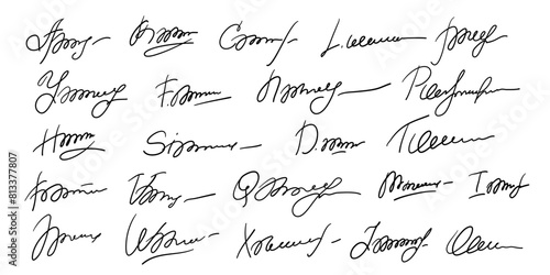 Set of different fake autographs and signatures, mimicking authenticity for certificates, letters or documents, featuring handcrafted doodles and scribbles, vector illustration
