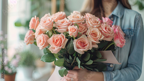 Close-up of a woman with a big bouquet of light pink roses