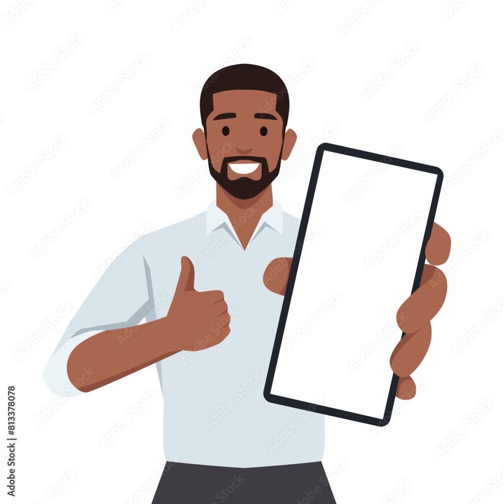 Young man showing smartphone and showing thumbs up or like sign. Mobile phone technology. Flat vector illustration isolated on white background Young man showing smartphone and showing thumbs up or like sign. Mobile phone technology. Flat vector illustration isolated on white background