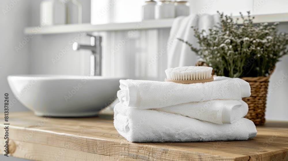 White, pristine towels are neatly stacked on a wooden table in a bathroom, offering a serene and tidy appearance with ample space for adding text.
White, pristine towels are neatly stacked on a wooden table in a bathroom, offering a serene and tidy appearance with ample space for adding text.