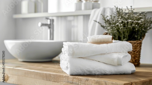 White, pristine towels are neatly stacked on a wooden table in a bathroom, offering a serene and tidy appearance with ample space for adding text.