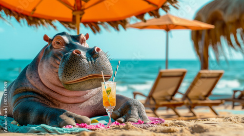 A Hippos in human clothes lies on a sunbathe on the beach, on a sun lounger, under a bright sun umbrella