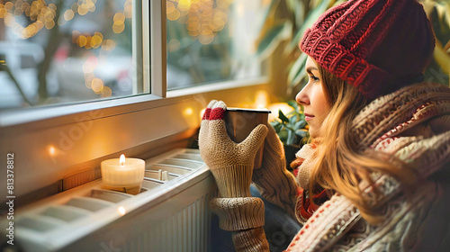A woman in winter attire enjoys a warm cup of coffee by the window, with a snowy scene and festive lights in the background. photo