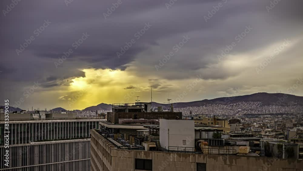 Timelapse of distant view on Philopappos Hill over rooftops in Athens, Greece Timelapse of distant view on Philopappos Hill over rooftops in Athens, Greece