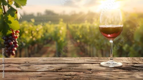 Experience the golden hour at a vineyard with a glass of red wine and fresh grapes on an old wooden table, encapsulating the essence of vineyard life and wine tasting.