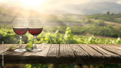 Two wine glasses sit on rustic wooden table bathed in soft golden light sunset vineyard stretching into distance tranquility rich beauty of vineyard landscape ideal for themes of leisure, luxury natur