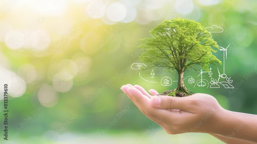 Hand holding a green tree with icons of energy sources for sustainable ...