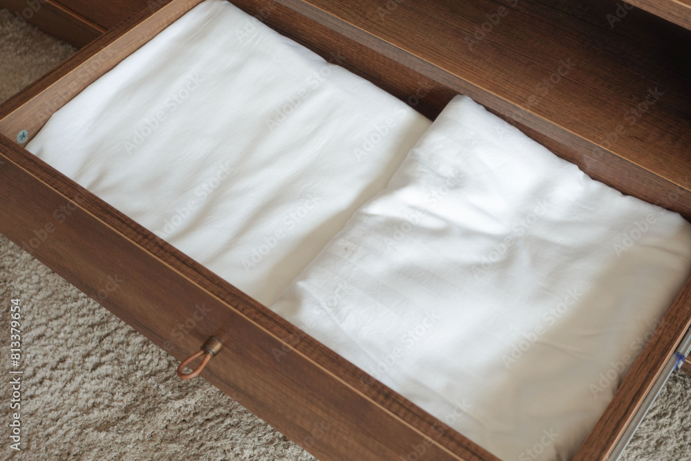 Hardwood drawer with two white linens in a varnished wood stain Hardwood drawer with two white linens in a varnished wood stain